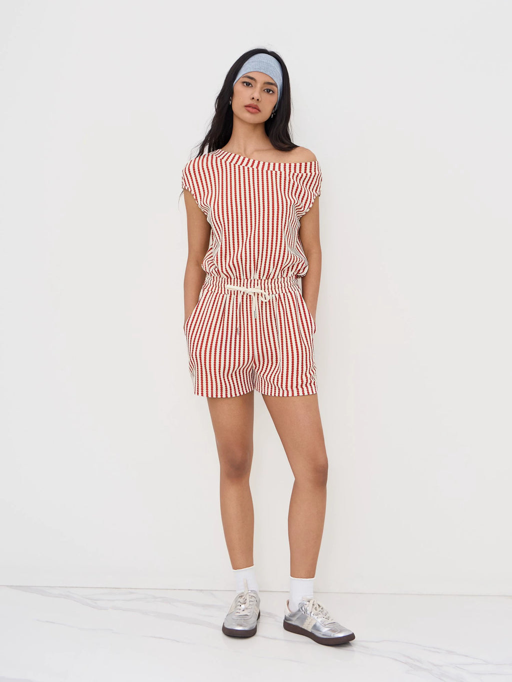 Asymmetrical Neckline Design Striped Lace-up One Piece Shorts