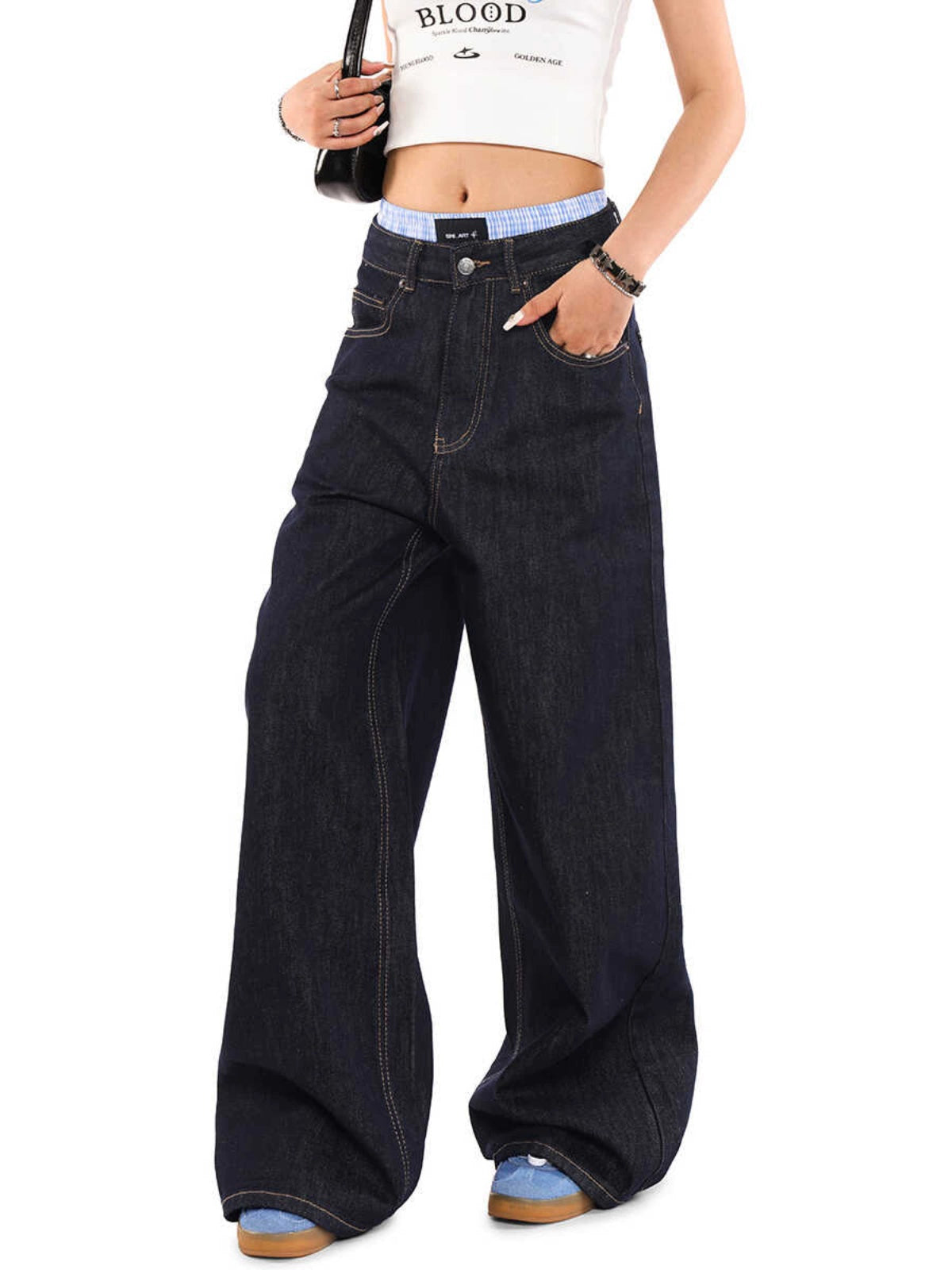 Dark Blue Wide Leg Jeans Men's and Women's Loose American Washed Denim Sagging Straight Leg Pants